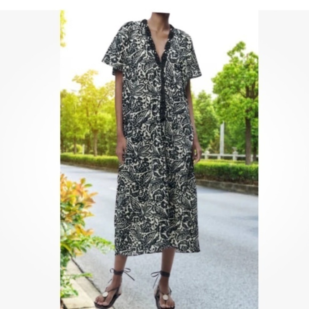 ZARA OVERSIZED BLACK / BEIGE PRINTED TUNIC DRESS 100% Cotton sz XS